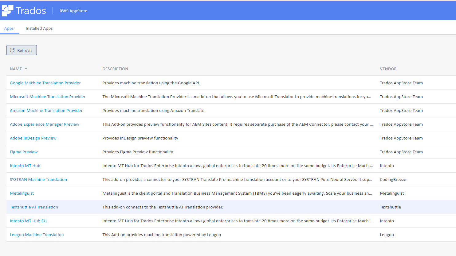 Screenshot of Trados RWS AppStore showing a list of machine translation providers. DeepL Machine Translation Provider is not listed among available apps.