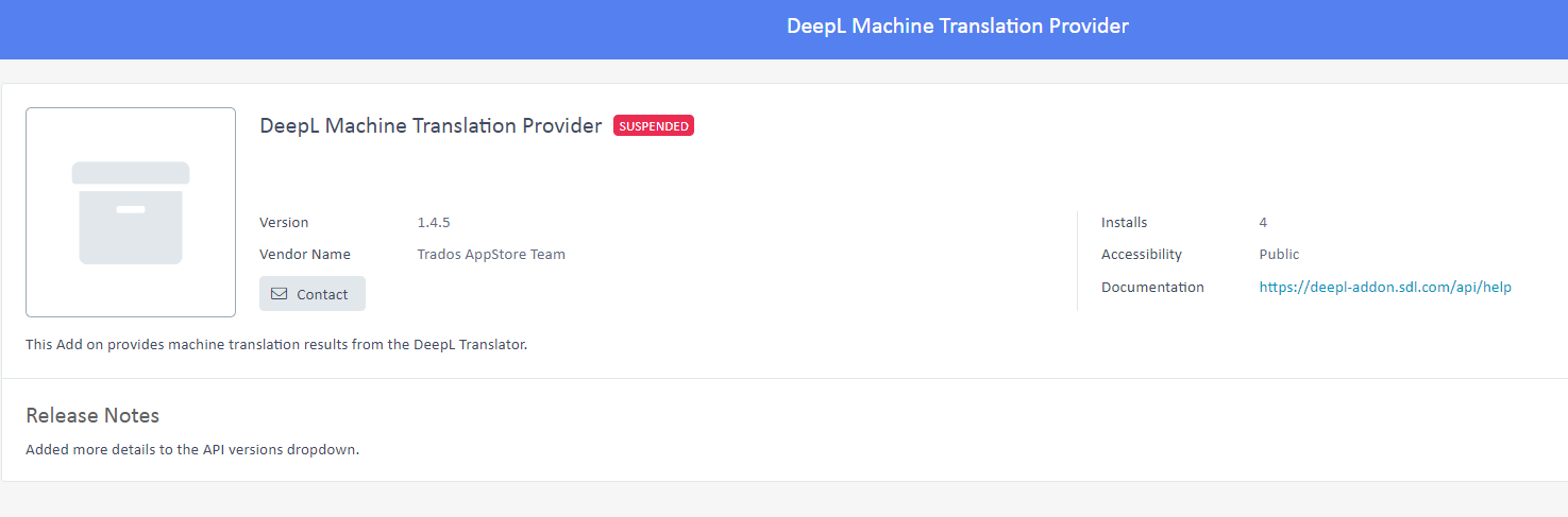 Screenshot of DeepL Machine Translation Provider app details with a 'SUSPENDED' label next to the app name. Version 1.4.5, 4 installs, and links to contact and documentation are visible.