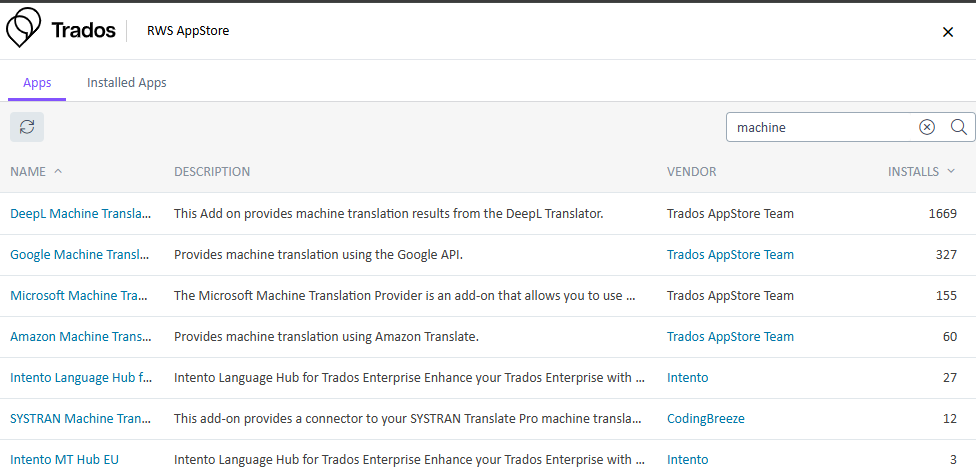 Trados RWS AppStore interface showing a list of machine translation apps with their names, descriptions, vendors, and install counts.