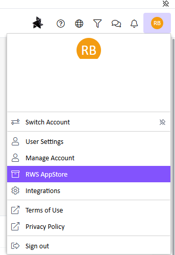 Dropdown menu in Trados Team with the RWS AppStore option highlighted in purple.