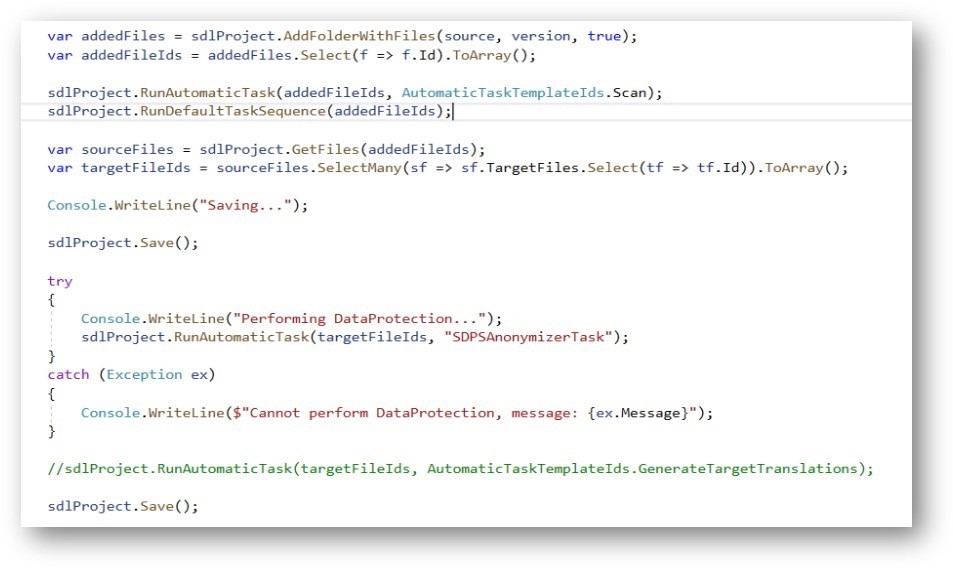 Screenshot of C# code in an IDE, showing methods for adding files, running automatic tasks, and saving a project. A try-catch block is present for performing data protection with a task ID.