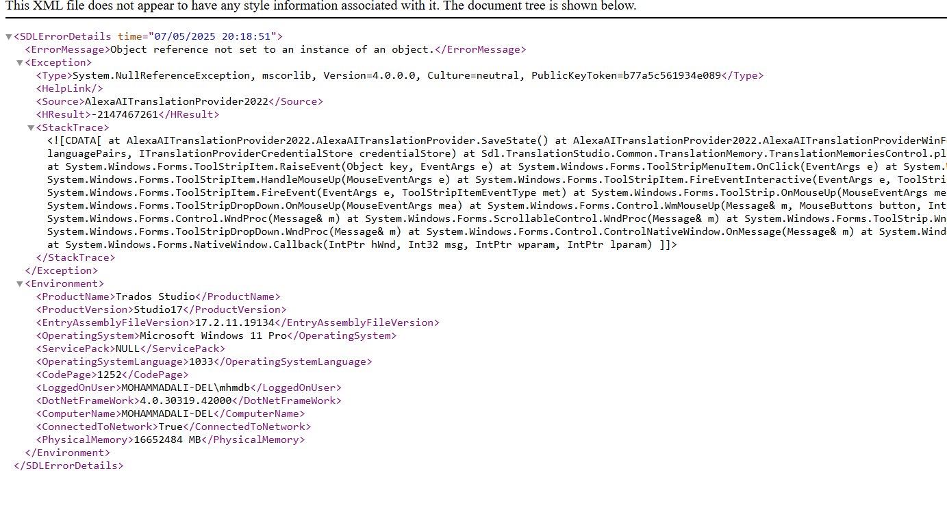 XML error details showing a NullReferenceException with the message 'Object reference not set to an instance of an object' and stack trace information for Trados Studio.
