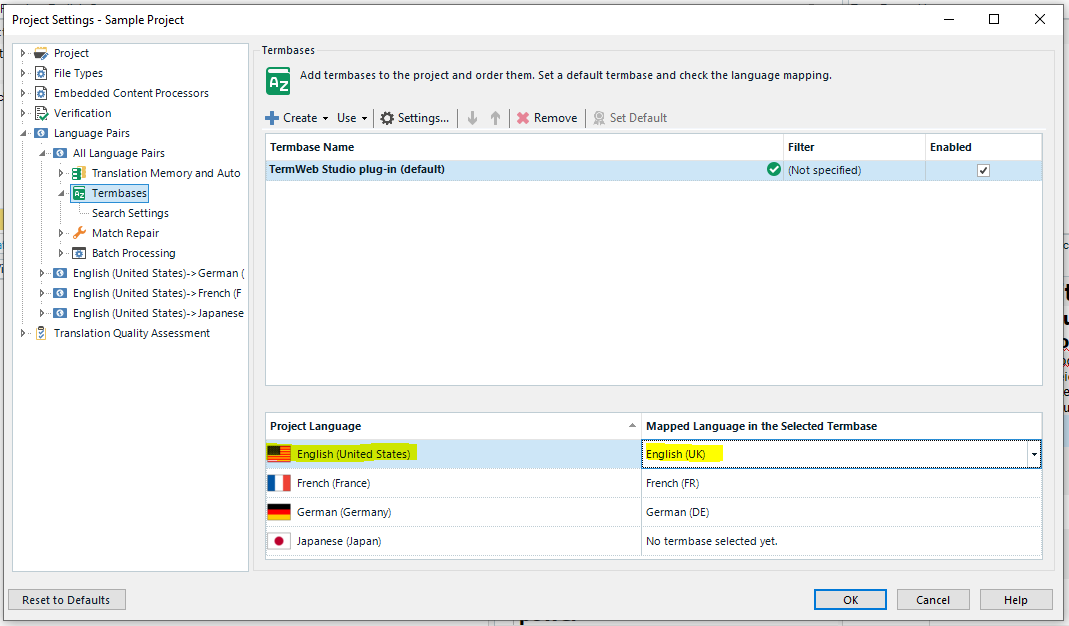 Screenshot of Trados Studio Project Settings showing TermBases tab with a TermWeb Studio plug-in set as default and language mappings for English (United States) to English (UK), French (France) to French (FR), and German (Germany) to German (DE).