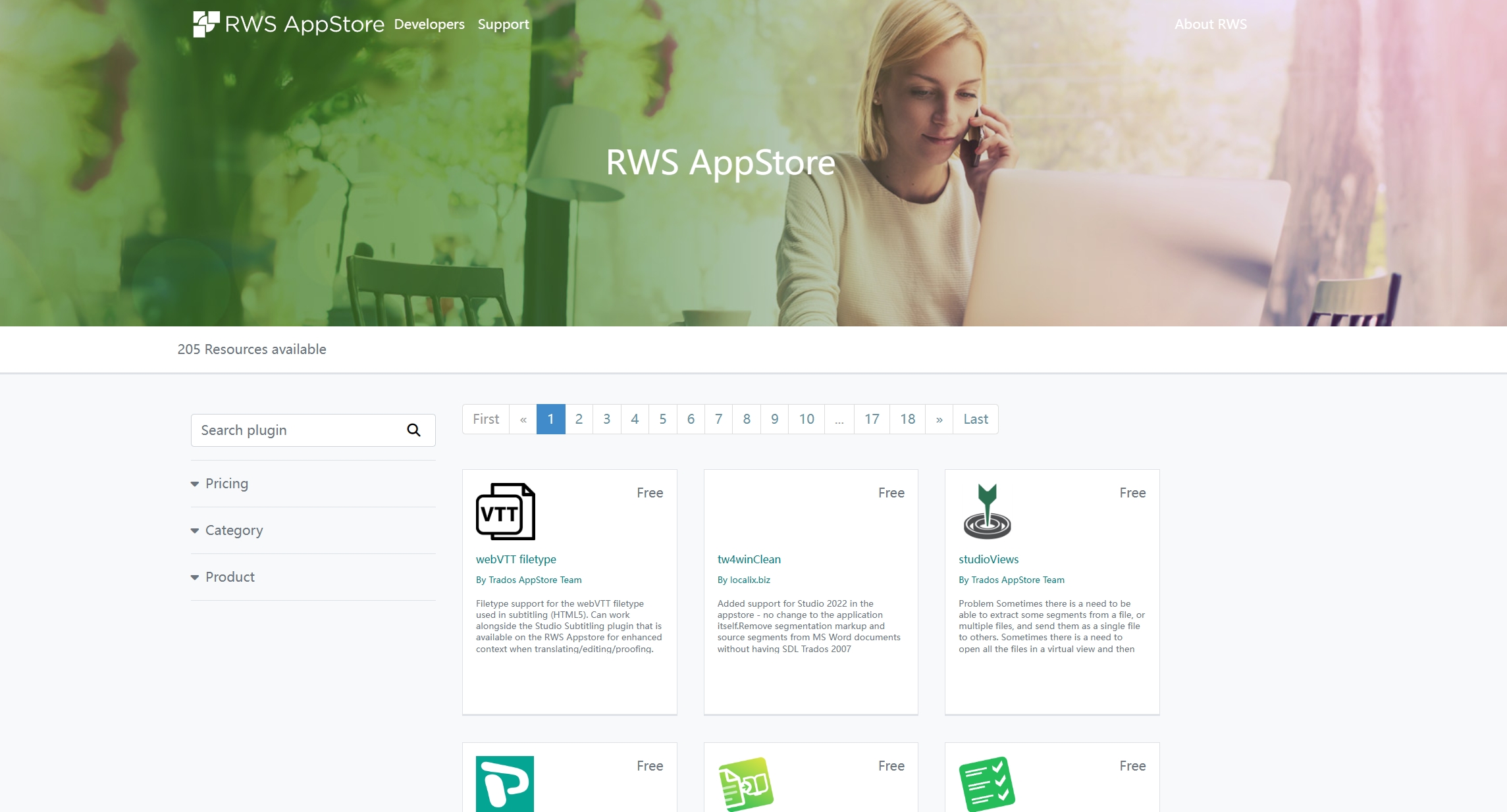 RWS AppStore webpage showing 205 resources available with a search bar and filters for pricing, category, and product. Featured plugins include 'webVTT filetype', 'tw4winClean', and 'studioViews', all listed as free.