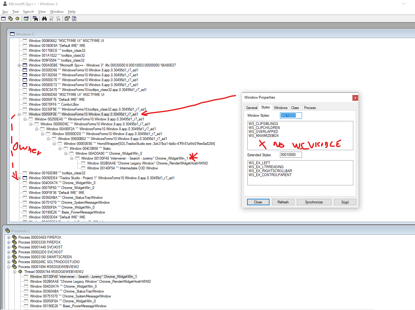 Screenshot of Spy++ showing a list of windows with a highlighted window labeled 'Owner'. An arrow points to a 'Window Properties' dialog box indicating the window style without the WS_VISIBLE attribute, marked by a red cross and 'No WS_VISIBLE'.