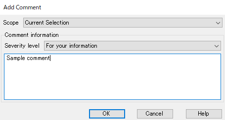 Screenshot of the 'Add Comment' dialog in Studio Developers Q&A with 'Scope' set to 'Current Selection', 'Severity level' set to 'For your information', and a 'Sample comment' entered in the text box.