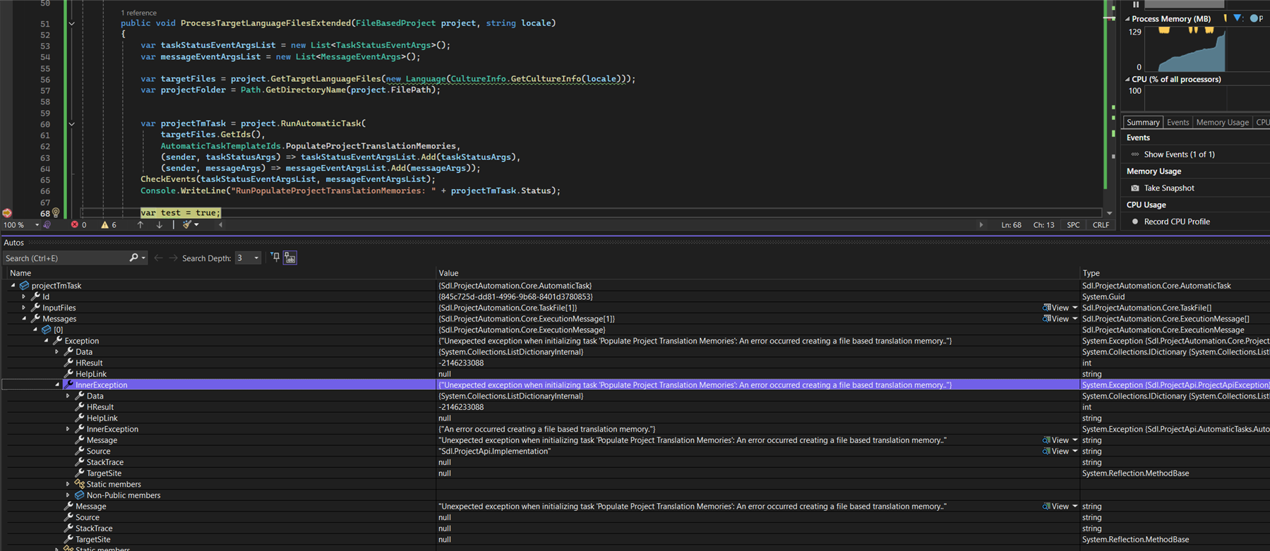 Screenshot of a code editor showing a method named ProcessTargetLanguageFilesExtended with highlighted code and a debug panel displaying an exception message: 'Unexpected exception when initializing task Populate Project Translation Memories: An error occurred creating a file based translation memory.'