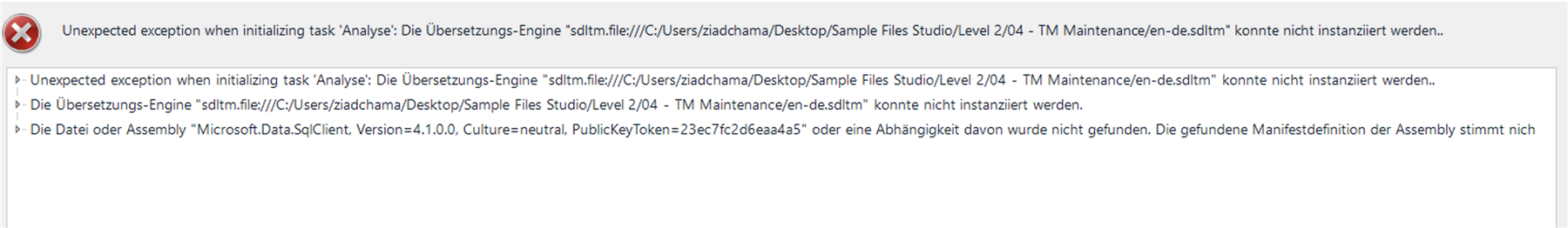 Error dialog showing 'Unexpected exception when initializing task 'Analyse': The translation engine 'sdltm.file' could not be initialized.' with additional details in German about the engine and missing Microsoft.Data.SqlClient assembly.