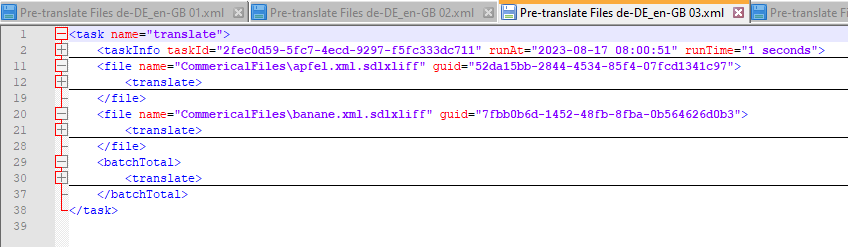 XML code snippet showing a 'translate' task with two files listed: apfel.xml.sdlxliff and banane.xml.sdlxliff, each with a unique GUID. The kirsche.xml.sdlxliff file is missing.