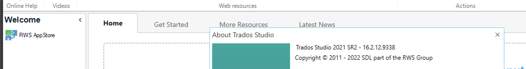Trados Studio 2021 software interface displaying the 'About Trados Studio' section with version number 16.2.12.9338 and no visible errors.