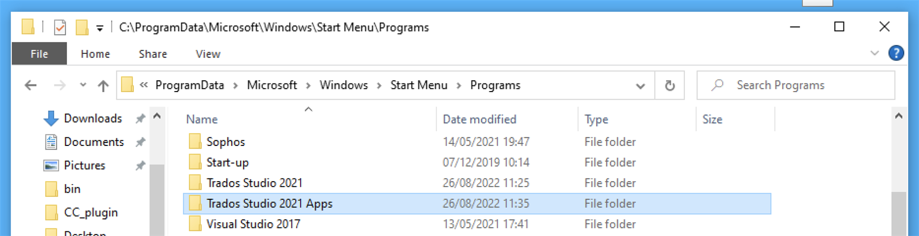 File Explorer window showing Trados Studio 2021 folder inside the Start Menu Programs directory with no visible errors.