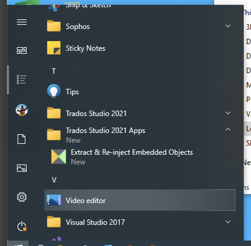 Windows Start menu displaying Trados Studio 2021 and Trados Studio 2021 Apps folders with 'Extract & Re-inject Embedded Objects' visible.