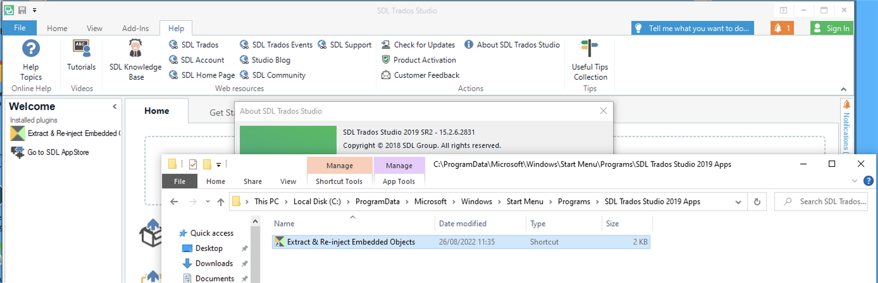 Screenshot of Trados Studio 2019 with the 'Extract & Re-inject Embedded Objects' plugin installed, showing the 'About SDL Trados Studio' dialog box and the file path for the plugin.