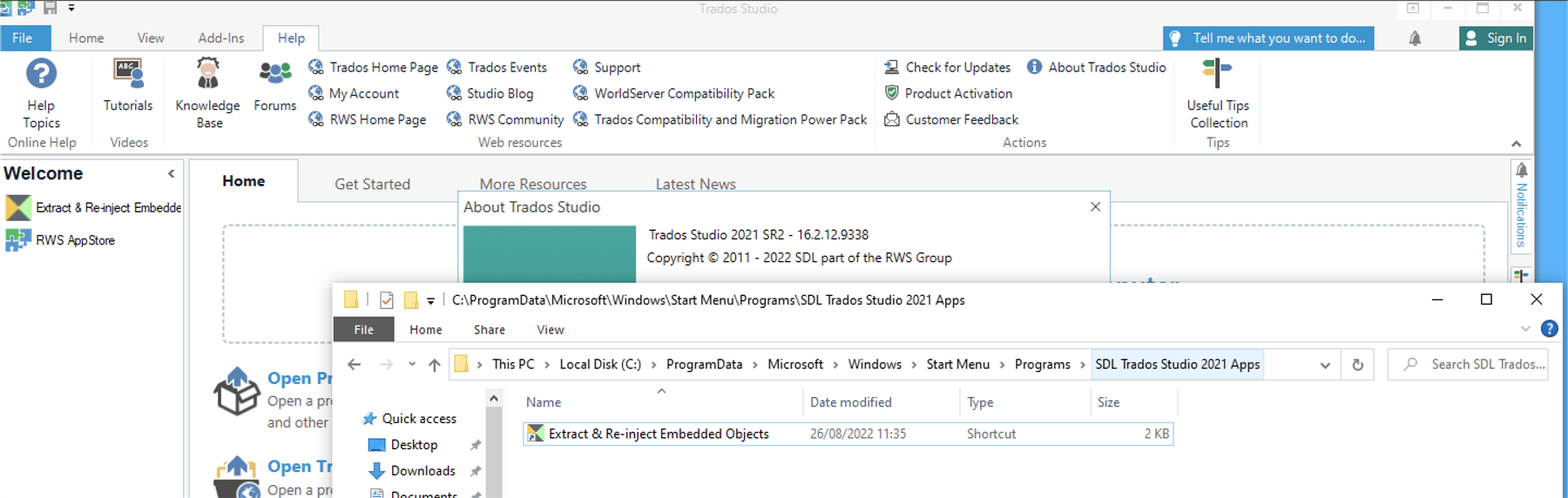 Screenshot of Trados Studio 2021 with the 'Extract & Re-inject Embedded Objects' plugin installed, showing the 'About Trados Studio' dialog box and the file path for the plugin in the 'SDL Trados Studio 2021 Apps' folder.