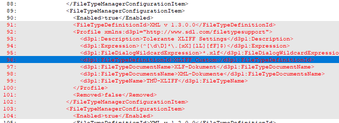 Highlighted XML code showing a FileTypeManagerConfigurationItem with details like FileTypeDefinitionId, Profile, and FileTypeName 'TMU-XLIFF'.