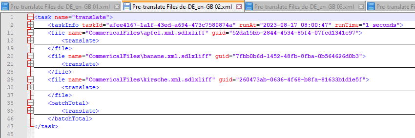 XML code snippet showing a 'translate' task with three files listed: apfel.xml.sdlxliff, banane.xml.sdlxliff, and kirsche.xml.sdlxliff, each with a unique GUID.