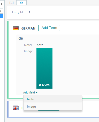 Screenshot of Trados Studio showing the termbase entry interface with 'GERMAN' language selected, an 'Add Term' button, and fields for 'Note' and 'Image' with a placeholder image and RWS logo.