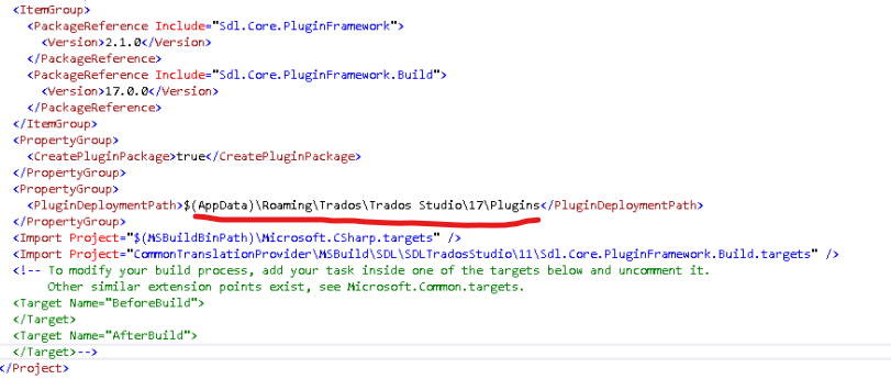 XML code snippet from Trados Studio with a red arrow pointing to a missing plugin deployment path in the property group section.