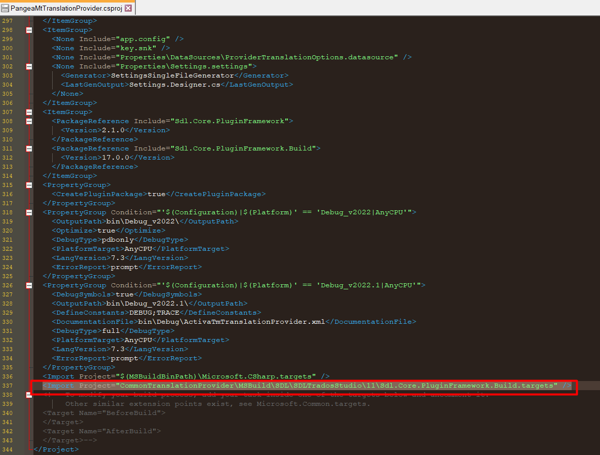 Screenshot of Trados Studio's 'PangeaMTTranslationProvider.csproj' file with highlighted text showing package references and property groups for plugin development.