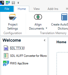Screenshot of Trados Studio interface showing menu options such as File, Home, View, Add-Ins, and Help. Icons for Project Settings, Align Documents, and Create AutoSuggest Dictionary are visible. The Welcome screen displays SDL Trados Studio logo and links to SDL XLIFF Converter for Microsoft Office and RWS App Store.