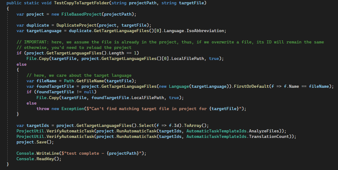 Screenshot of code in an IDE with methods to test copying to target folder in Trados Studio, including handling of target language files and running AnalyzeFiles and TranslationCount tasks.