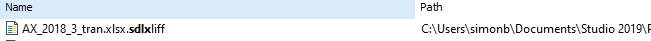 Screenshot showing a .sdlxliff file named AX_2018_3_tran.xlsx.sdlxliff located in the Trados Studio 2019 folder.
