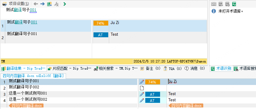 Screenshot of pre-translation results with one segment at 74% match from TM not applied, and temporary code adjustments visible.