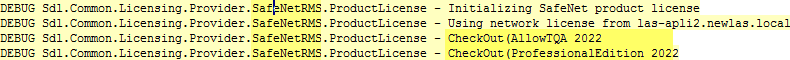 Screenshot of log entries with DEBUG messages about initializing and checking out licenses for Studio 2022, including AllowQ1Q2 2022 and ProfessionalEdition 2022.