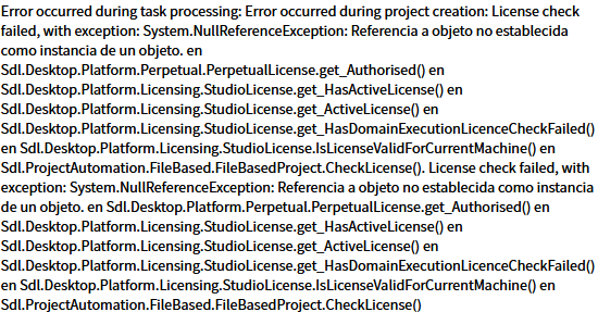 Screenshot of an error message during task processing in Studio API. It shows a System.NullReferenceException error related to license check failure.