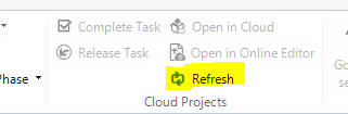 Screenshot showing a 'Refresh' button with a cloud icon, indicating functionality for refreshing cloud projects in the Studio Developers Q&A application.