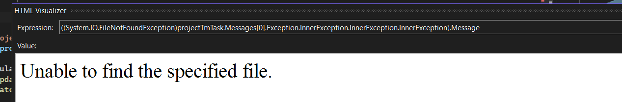 Visual Studio HTML Visualizer showing an error message: Unable to find the specified file.