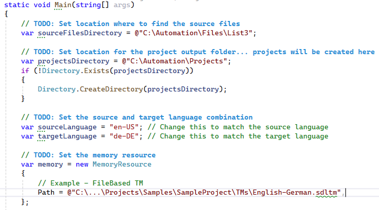 Code snippet showing a C# program with TODO comments for setting source files, project output folder, language combination, and memory resource path.
