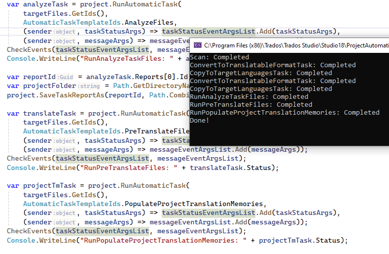 Code snippet showing automation tasks in C# for Trados Studio, with a console output window displaying task statuses such as 'scan: Completed' and 'Done!'.