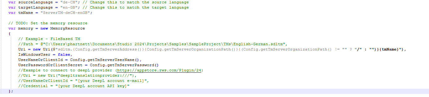 Code snippet showing a JavaScript object for setting a memory resource with variables for source and target languages, and a commented example of a file-based TM path.