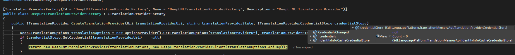 Code snippet showing the CreateTranslationProvider method with a null credential store and highlighted DeepLTranslationOptions.ApiKey.