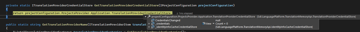 Code snippet showing the GetTranslationProviderCredentialStore method returning a null credential store with a count of 0.