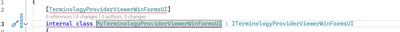 Code editor showing a class named MyTerminologyProviderViewerWinFormsUI implementing ITerminologyProviderViewerWinFormsUI. Red squiggly lines indicate errors or warnings.