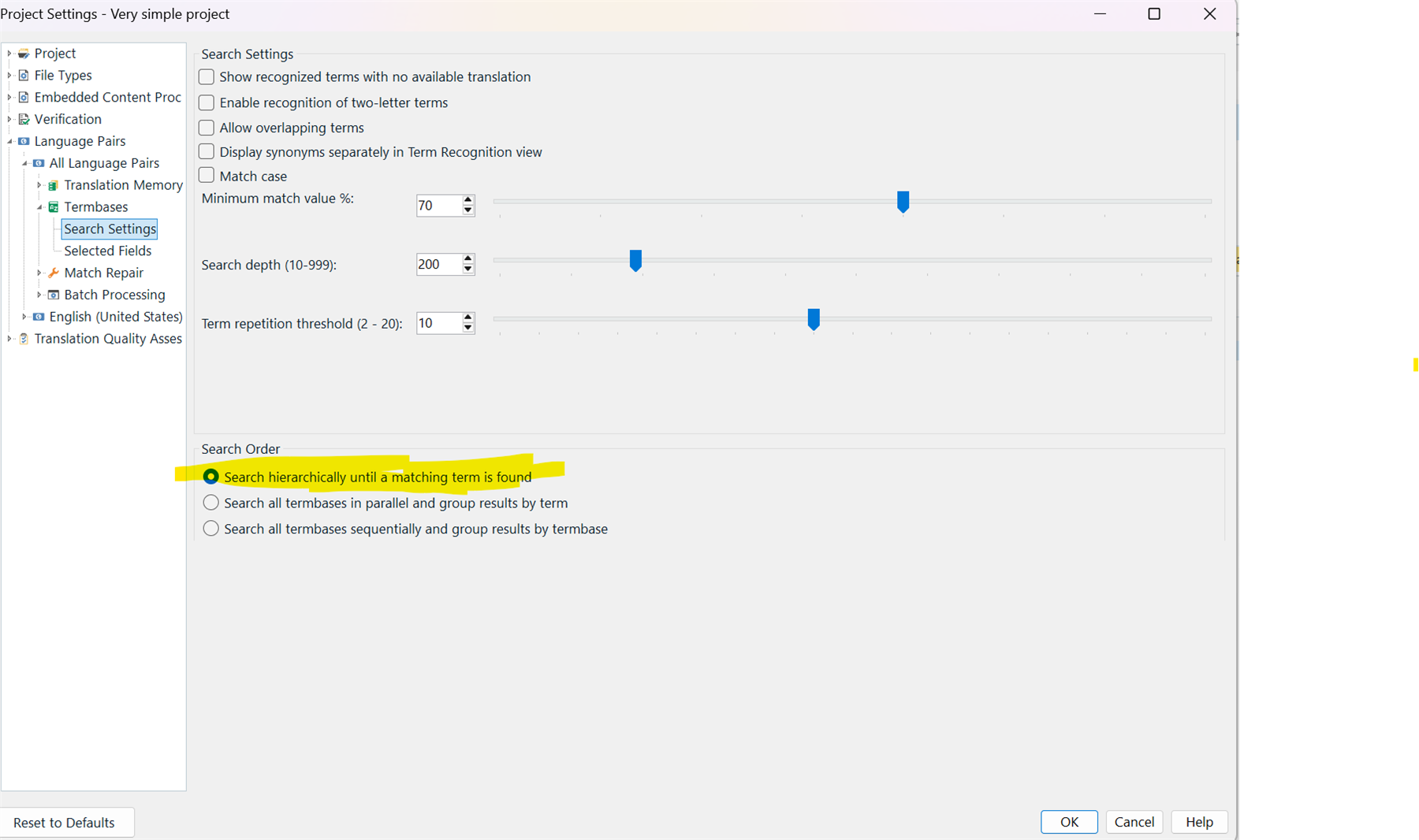Project Settings window showing Termbases Search Settings with sliders for Minimum match value, Search depth, and Term repetition threshold. 'Search hierarchically until a matching term is found' is highlighted.
