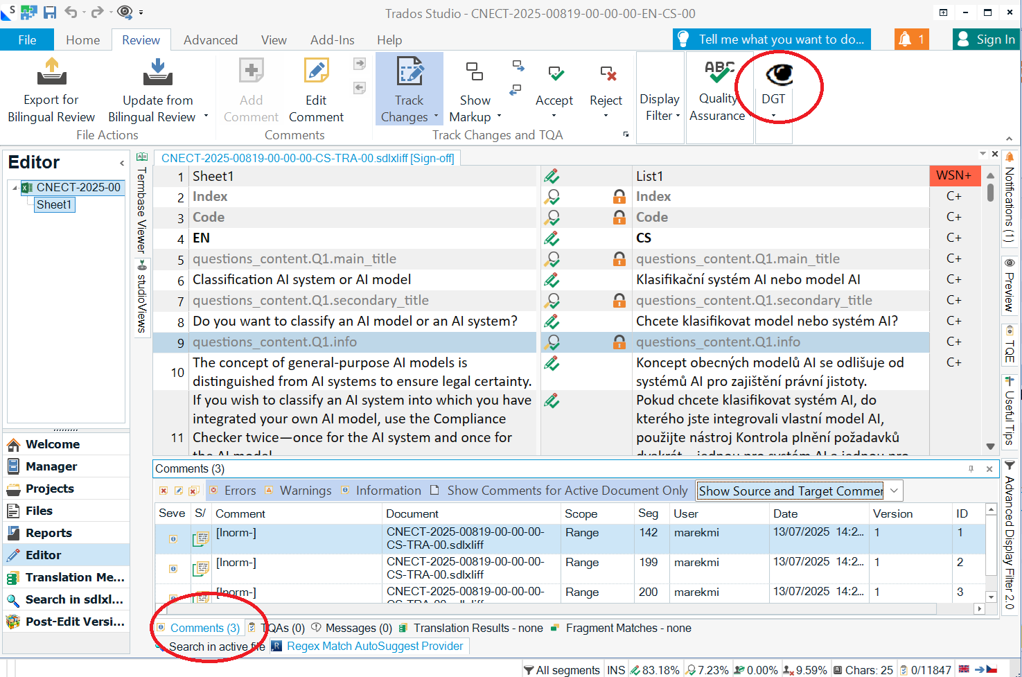Trados Studio editor view with the DGT button circled in red and the Comments pane highlighted.