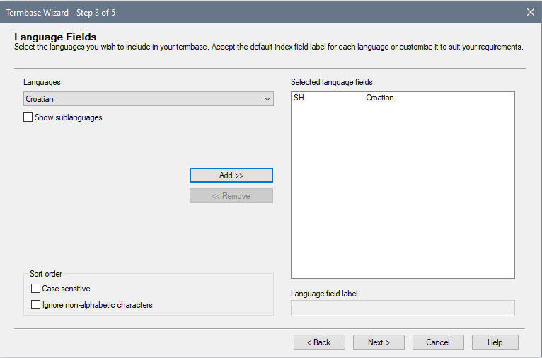 Termbase Wizard Step 3 of 5 showing language fields with Croatian selected. SH is listed under selected language fields. Options for case-sensitive and ignoring non-alphabetic characters are unchecked.