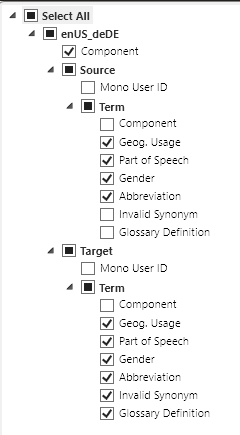 Screenshot of the Selected Fields settings in Trados Studio, showing options for Source and Target terms with checkboxes for fields like Component, Gender, and Abbreviation.