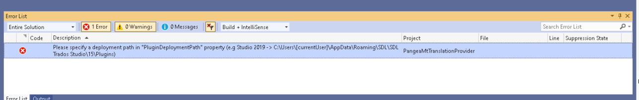 Error list from Trados Studio displaying 1 error message stating 'Please specify a deployment path in PluginDeploymentPath property'.