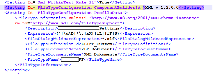 Highlighted XML code showing a setting with ID 'FileTypeConfiguration_ComponentBuilderId' and version 'XML v 1.3.0.0'.