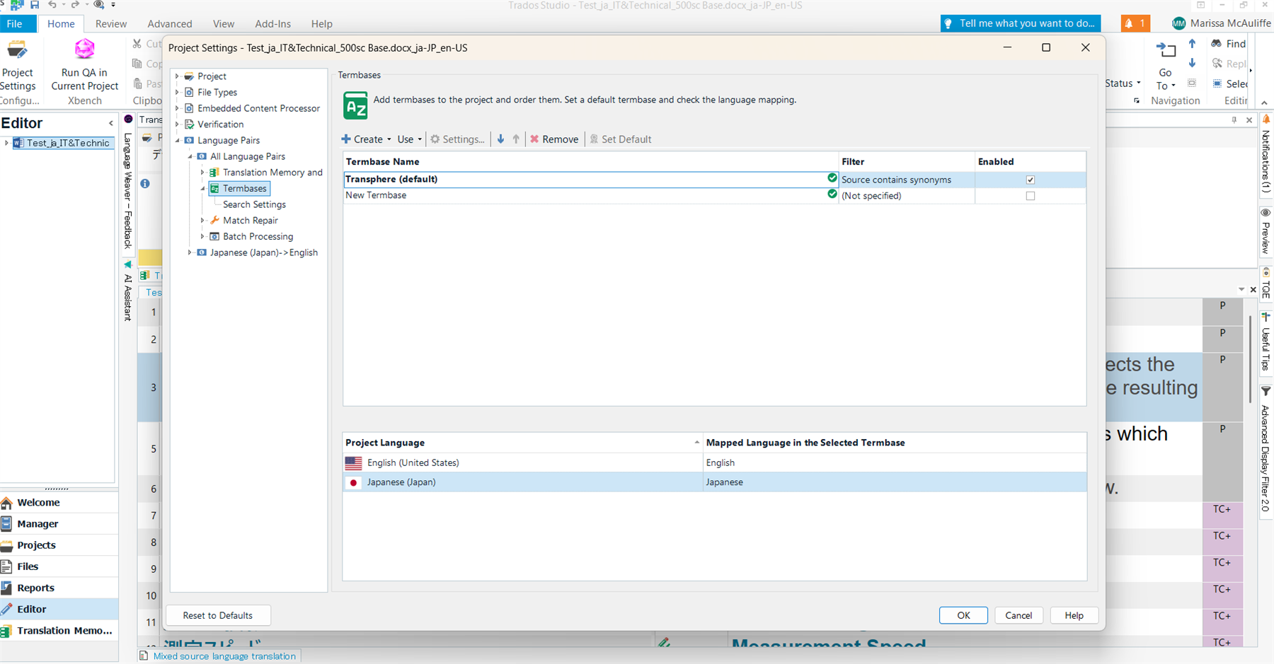 Trados Studio 2024 project settings window showing termbase settings with a termbase named 'Transphere (default)' and language mapping for English and Japanese.