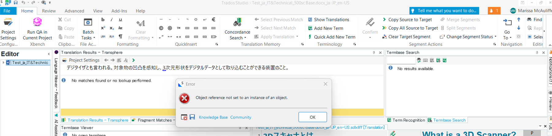 Trados Studio 2024 editor window with an error message stating 'Object reference not set to an instance of an object' and no matches found in the termbase search.
