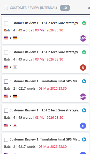 List of Customer Review 1 tasks with details such as batch size, word count, deadlines, and assignees. Includes flags and initials for assignees.