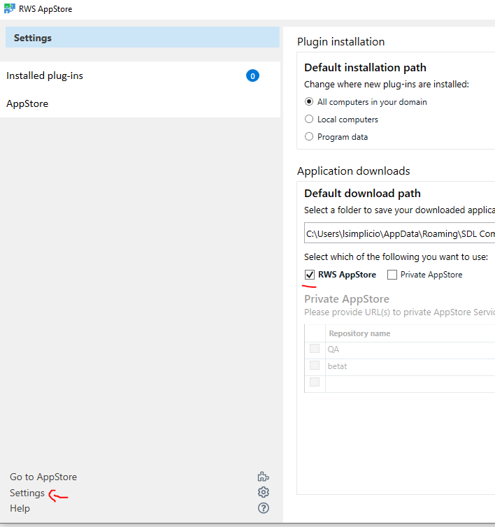Trados Studio settings window showing RWS AppStore selected with a checkmark under 'Select which of the following you want to use'. No visible errors or warnings.