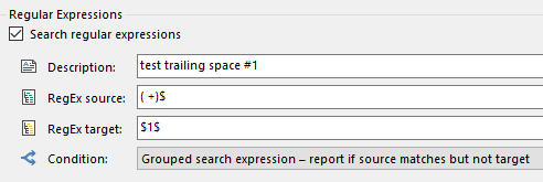 Screenshot of a Regular Expressions QA check setup with a description 'test trailing space #1' and patterns to identify trailing spaces in the source but not in the target.
