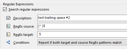 Screenshot of a Regular Expressions QA check setup with a description 'test trailing space #2' and patterns to report if both target and source have trailing spaces.
