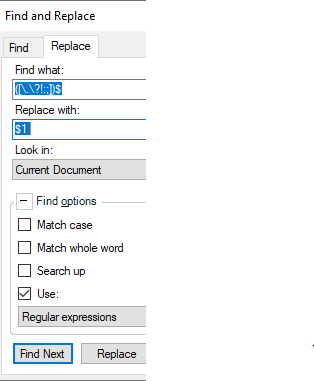 Screenshot of a Find and Replace tool with a regular expression to find punctuation followed by a trailing space and replace it with the punctuation only.